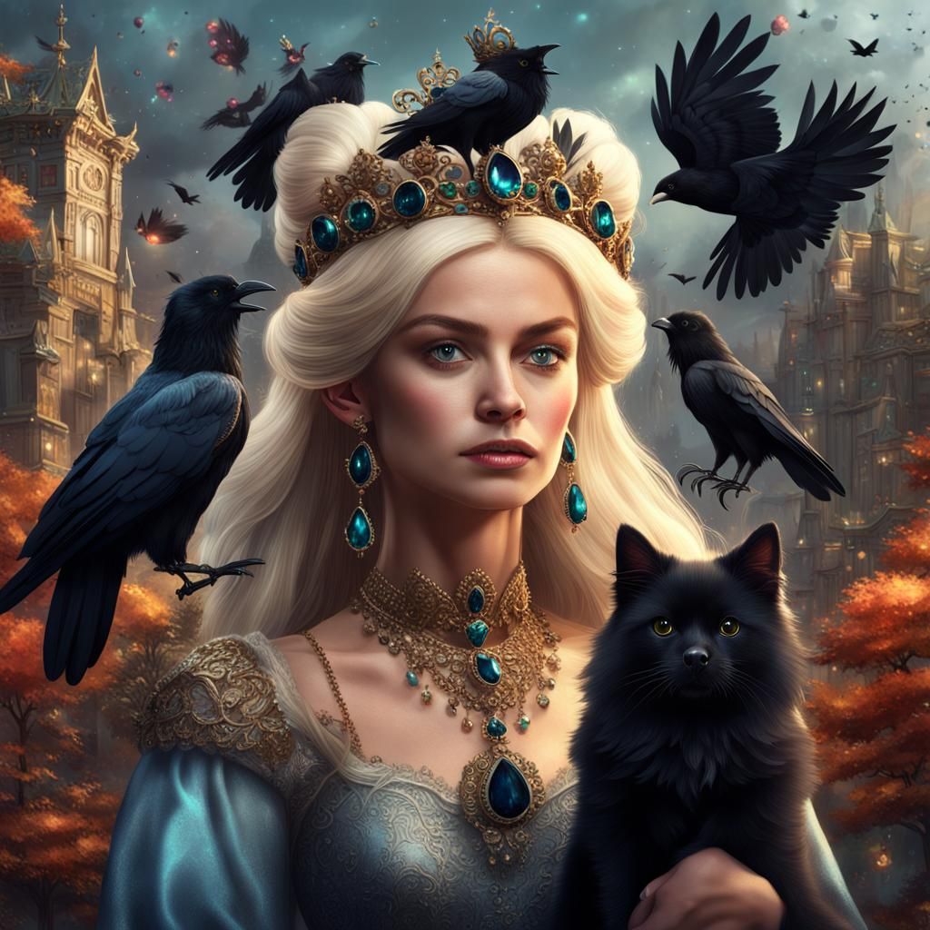 Blonde Lady with Black Animals and Gemstone Tiara