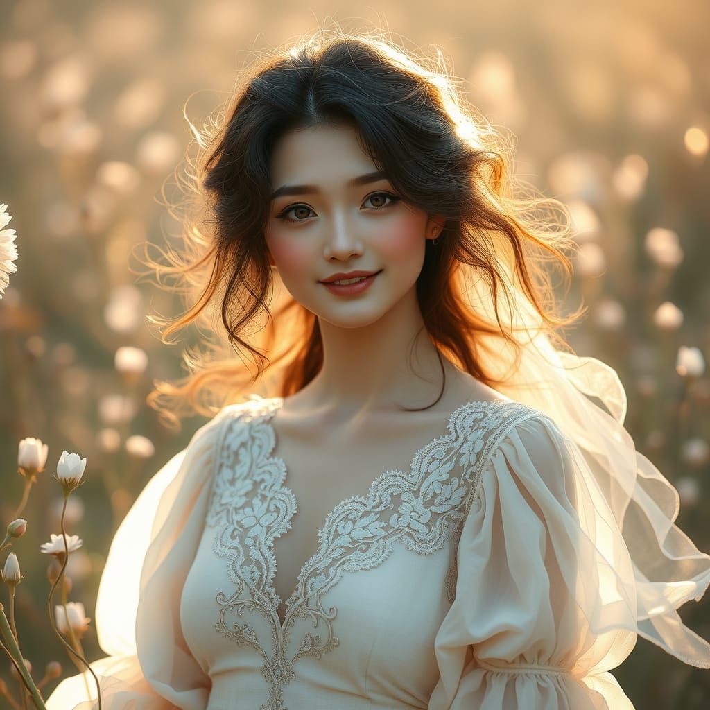 Dreamy Woman in Ethereal Landscape with Gentle Smile