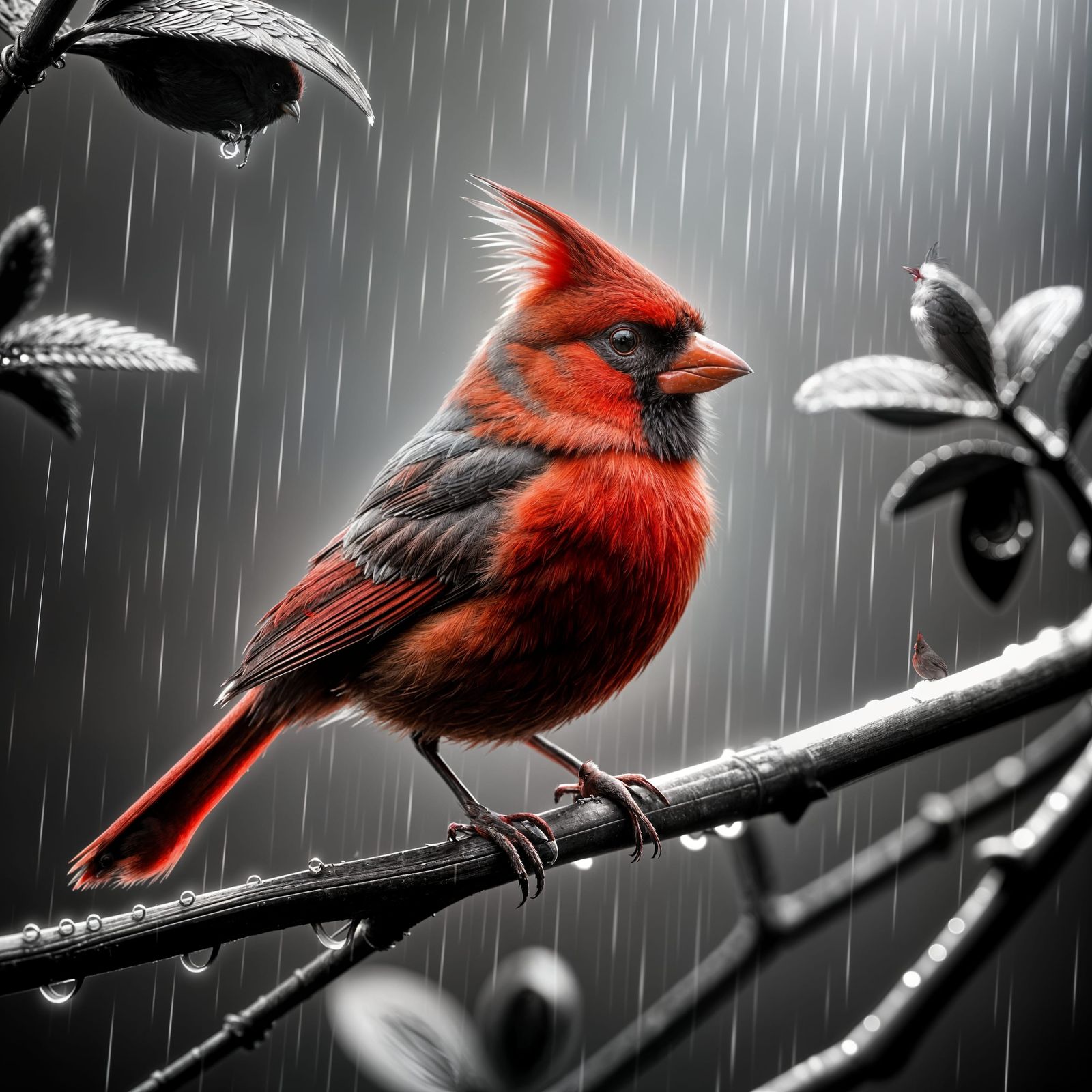 Metallic Red Cardinal in Moody Rainy Day Scene