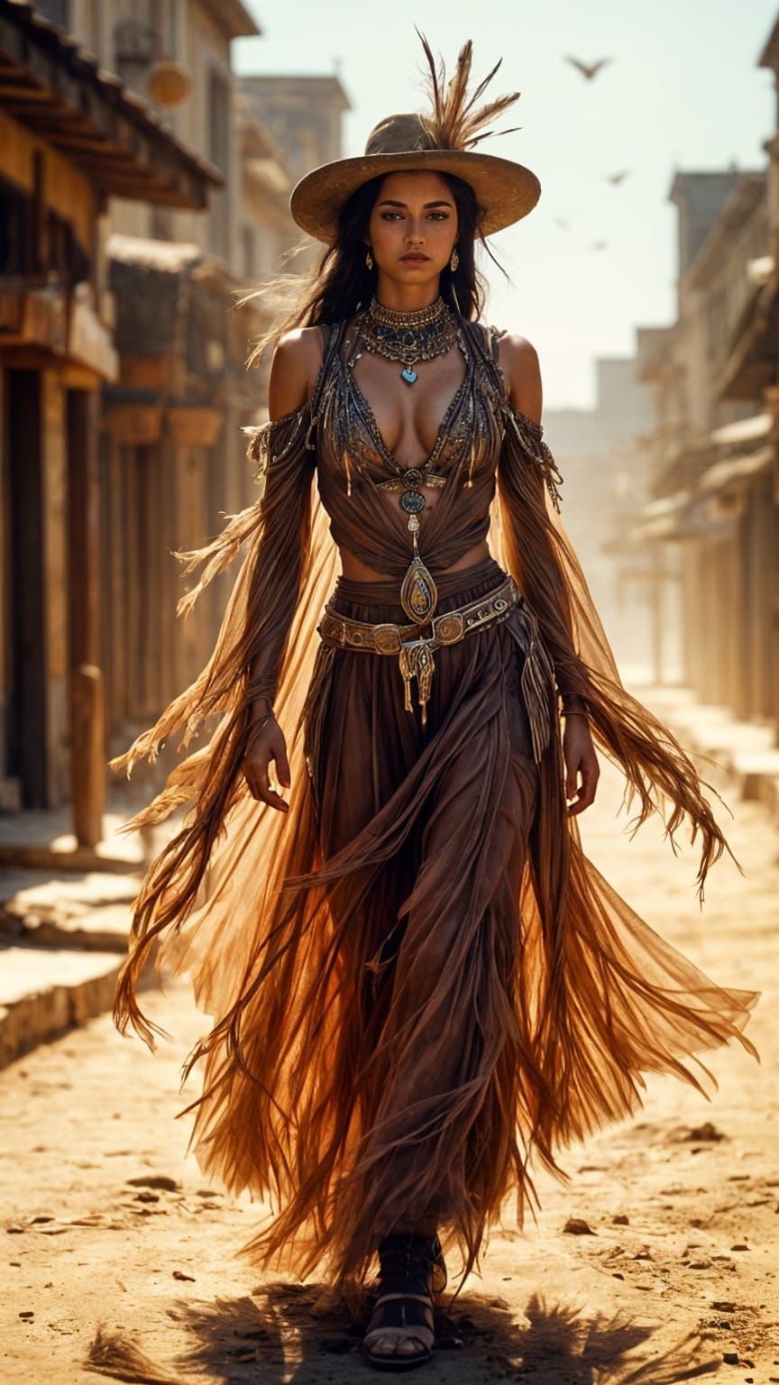 Elegant Woman Walks Confidently Through Wild West Town
