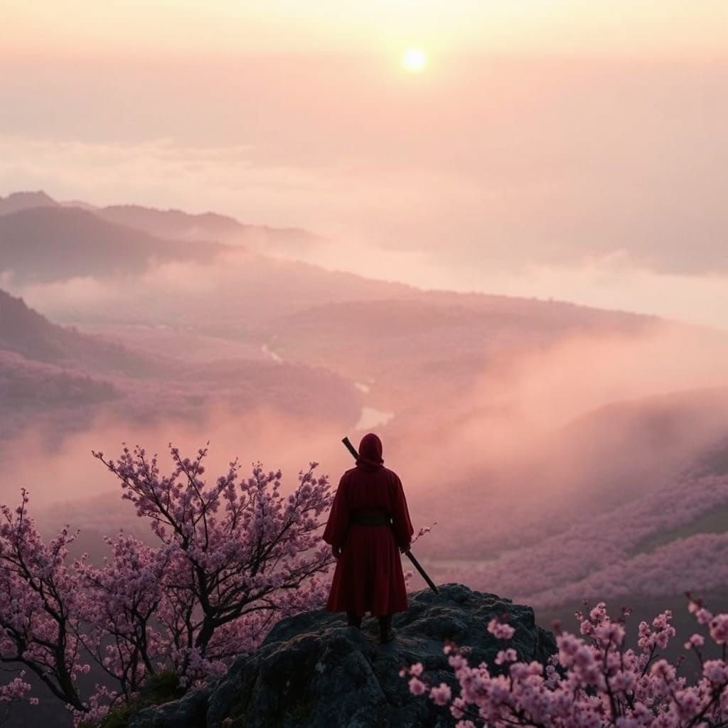 Ninja Sunrise Over Cherry Blossom Landscape