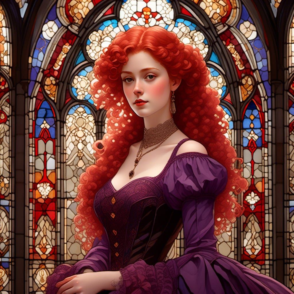 Elena in Victorian Gown with Stained Glass