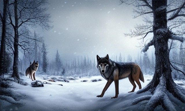 Wolves Roaming Winter Forest: Hyperrealistic Matte Painting