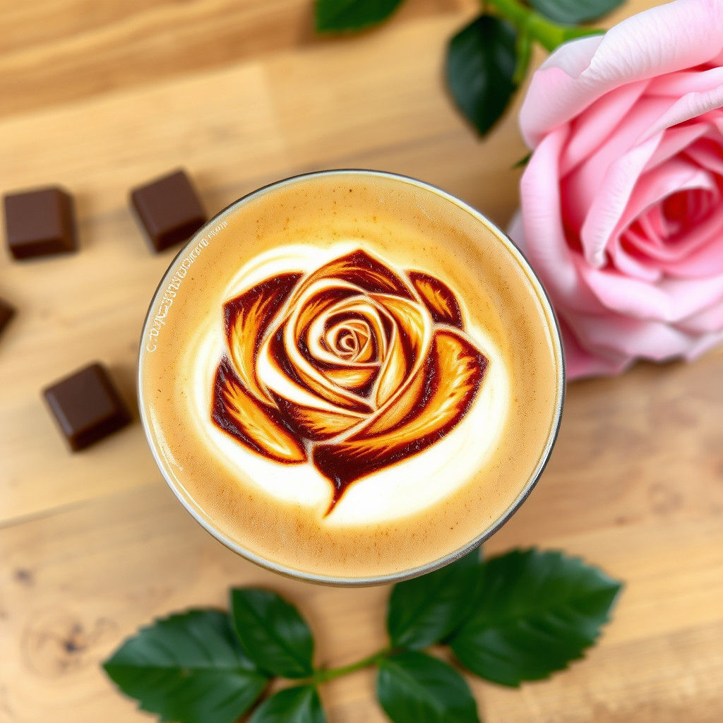 Brown Rose in Latte Art on Wooden Table