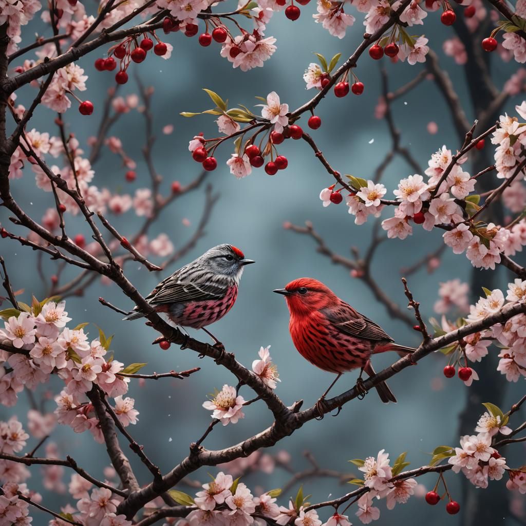 Speckled Red Warbler in Cherry Tree: Detailed Matte Painting