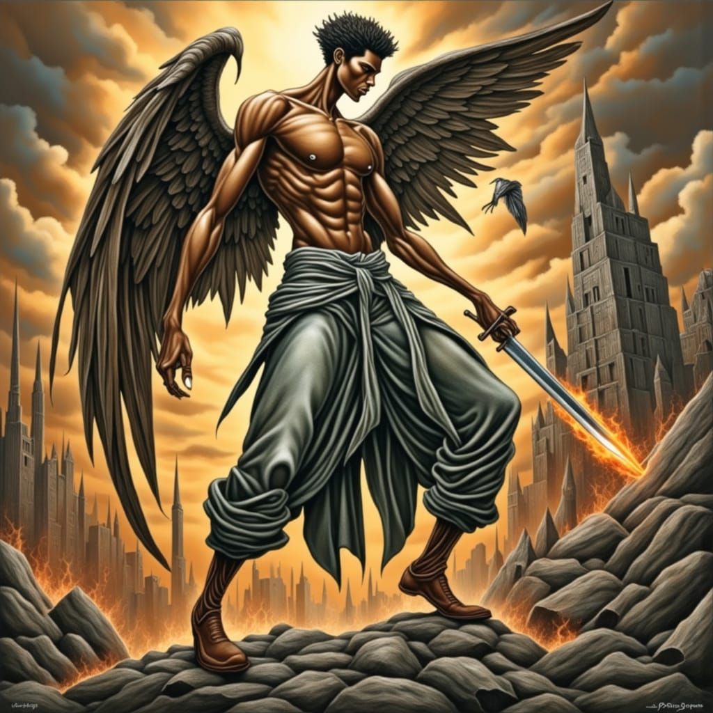 Majestic Angel of Destruction With Flaming Sword