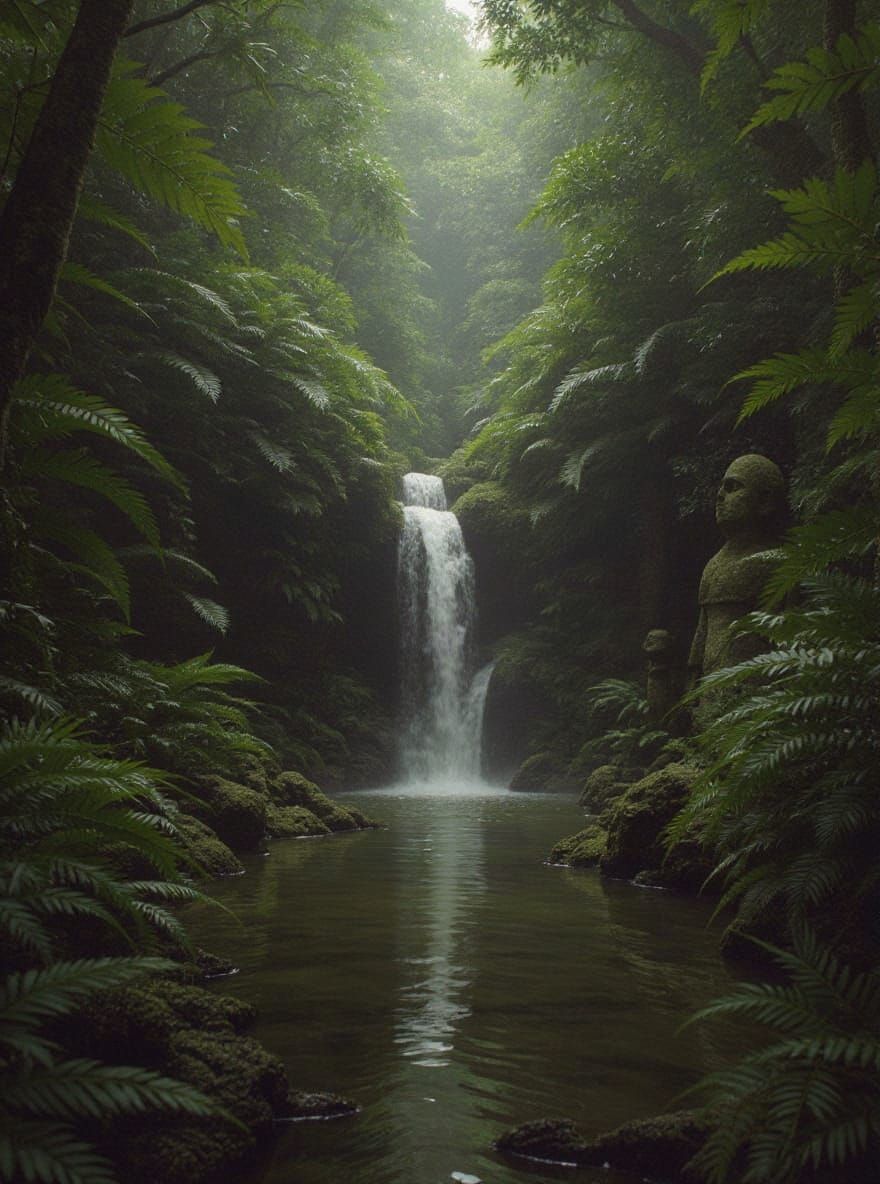 Prehistoric Jungle Waterfall with Glowing Ferns