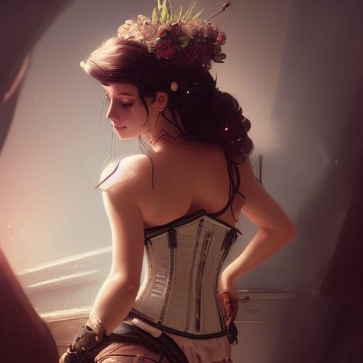 Steampunk Girl in Corset, Art Nouveau Style