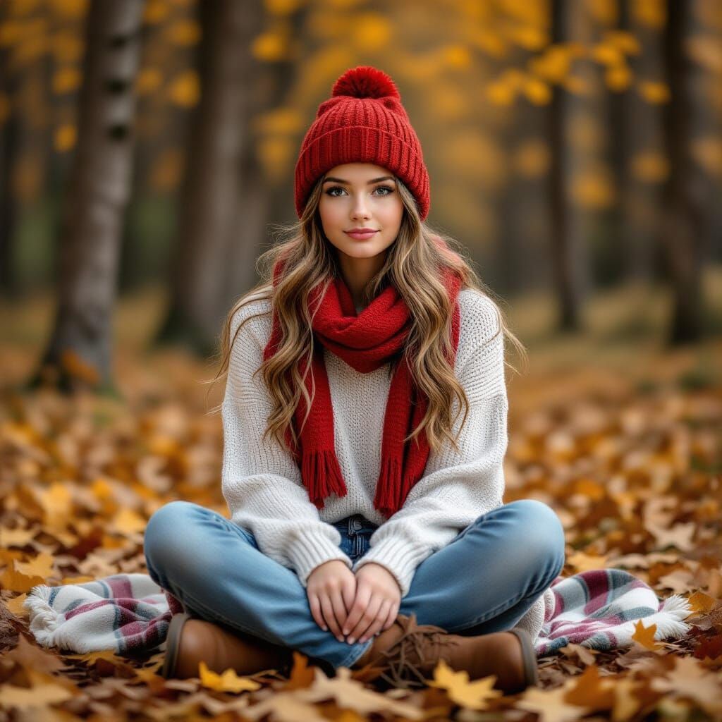 Red-Haired Girl in Autumn Forest, Fantasy Art Style