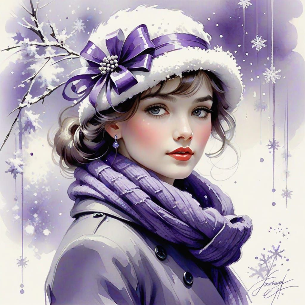 Winter Beauty Art with Purple Accents and Pointillism