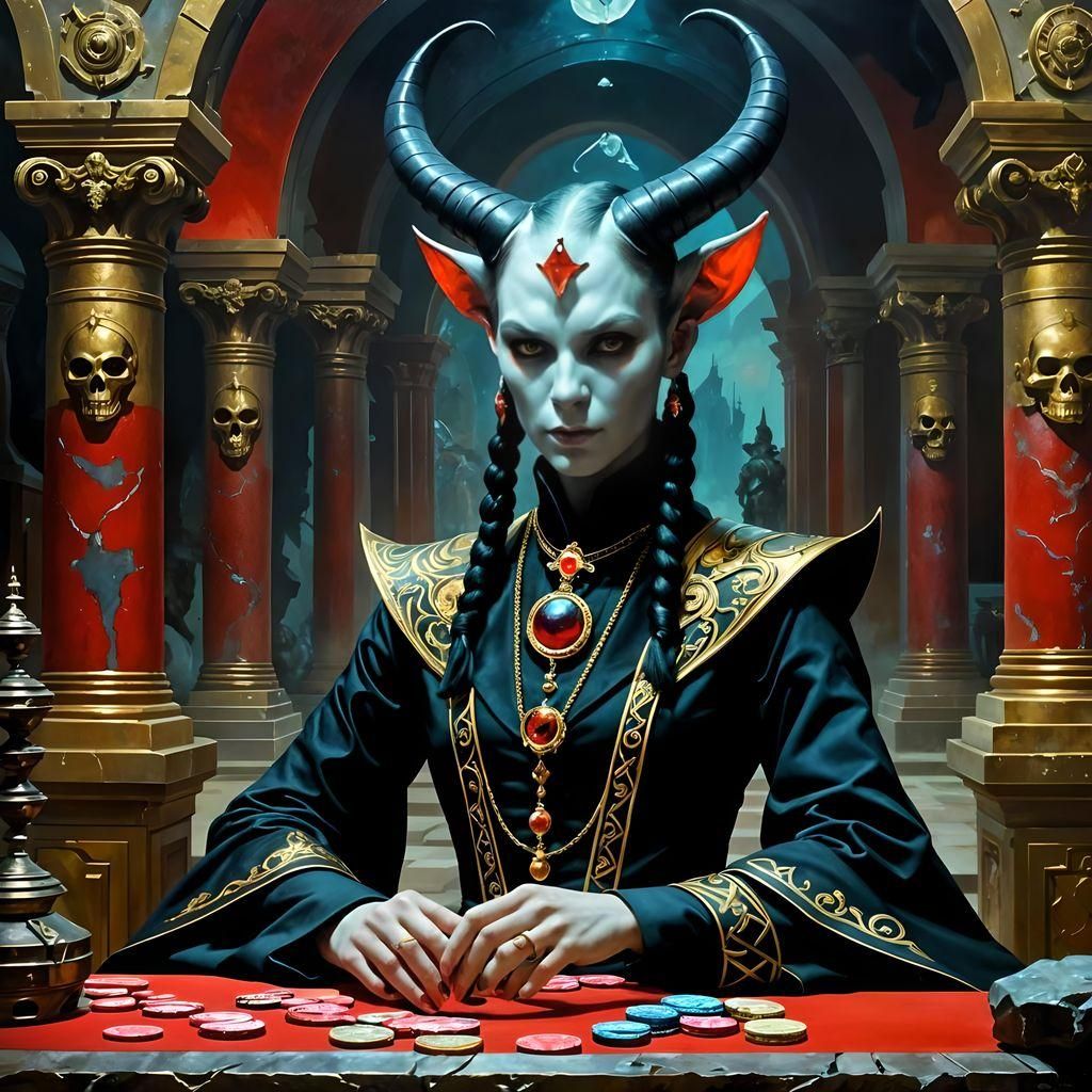 Tiefling Croupier in Dystopian Temple, Oil Painting Style