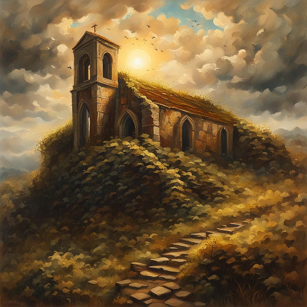 Chapel Ruin on Hillside in Atmospheric Landscape