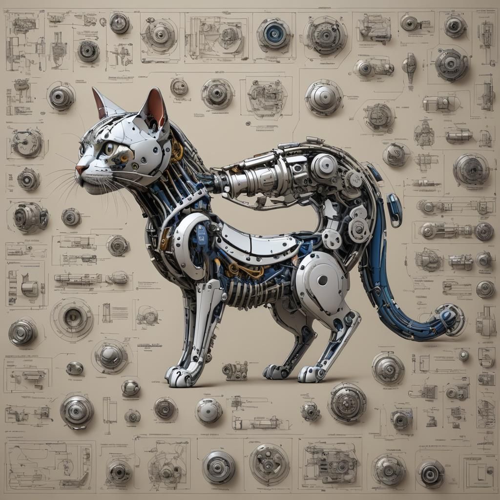 Hyperdetailed Cyborg Cat Blueprint Exploded View
