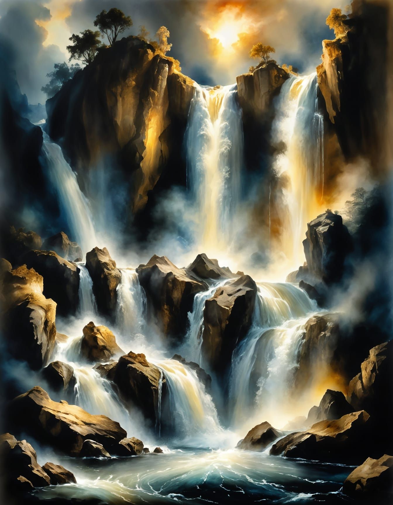 Majestic Waterfall Shimmers in Romantic Style