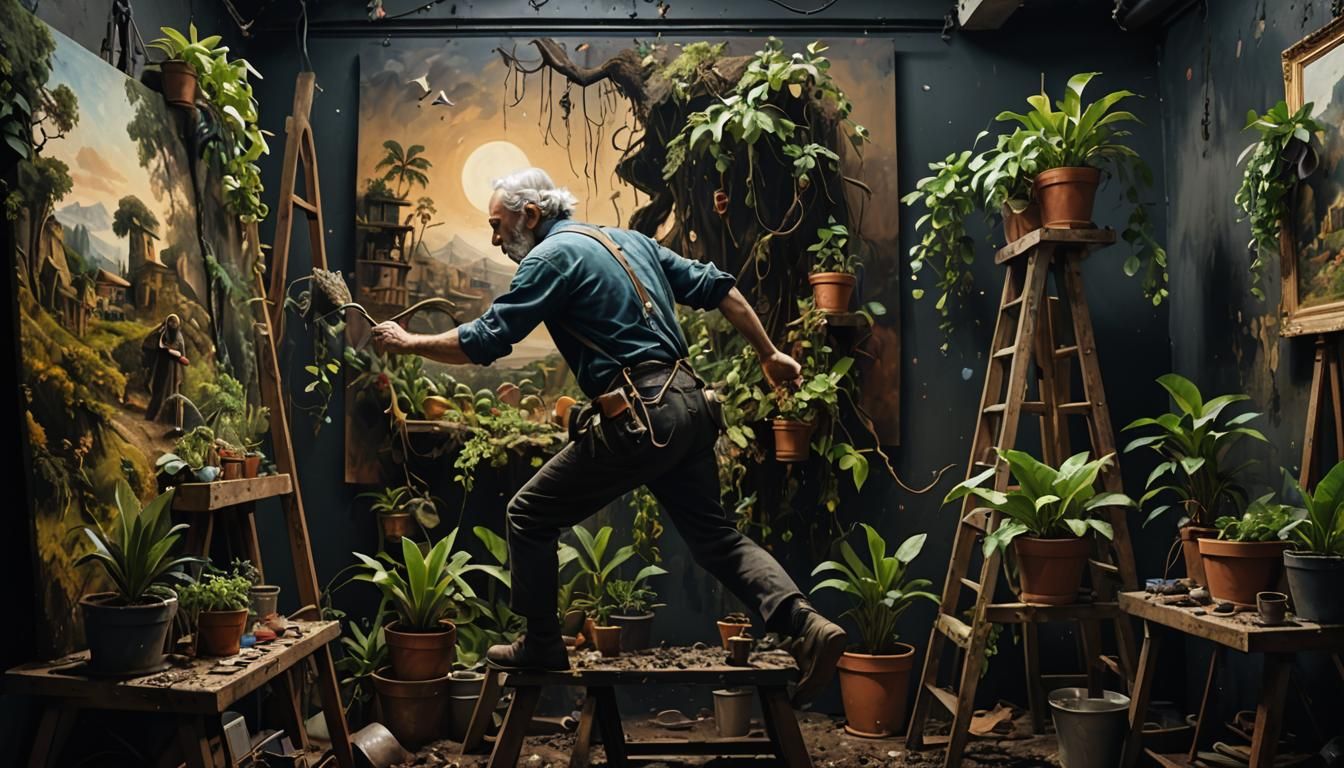 Artist Enters Painting in Cluttered Dark Studio