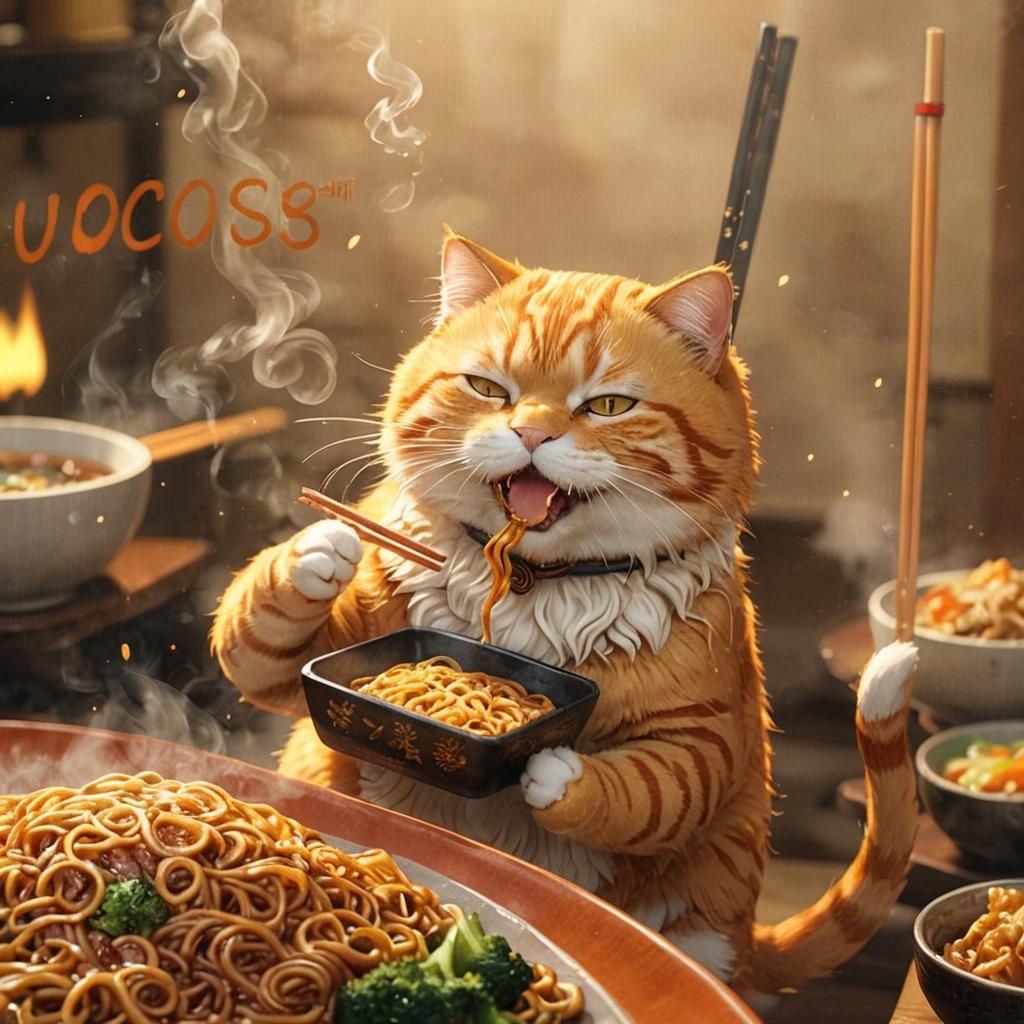Orange Cat Enjoys Yakisoba: 3D Anime Art