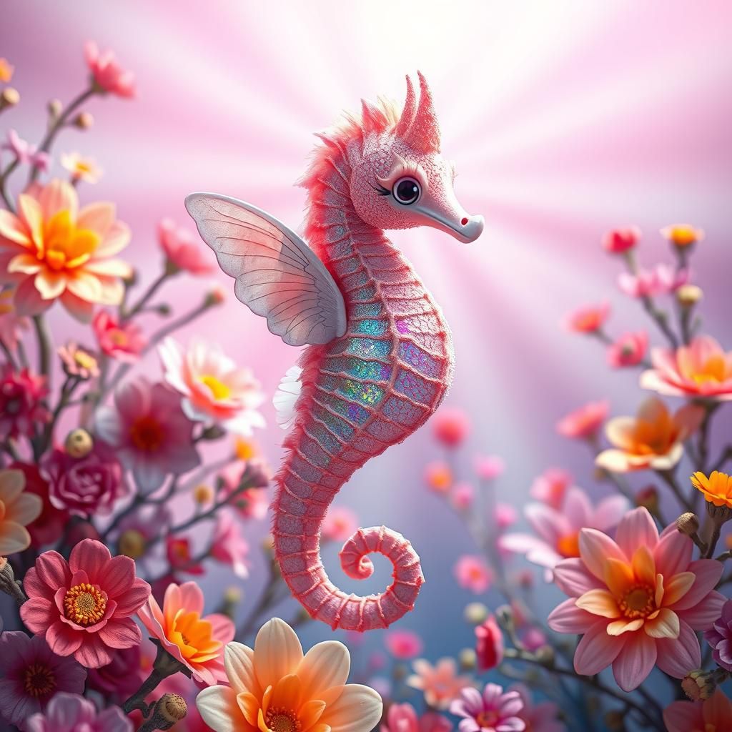 Winged Seahorse Soaring Among Flowers as 3D Digital Art