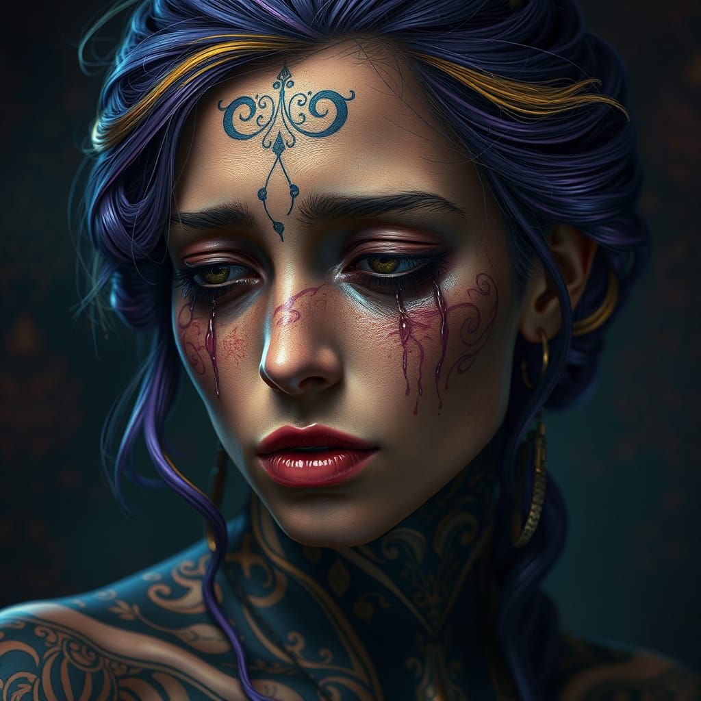 Tattooed Woman Crying in Art Nouveau Style