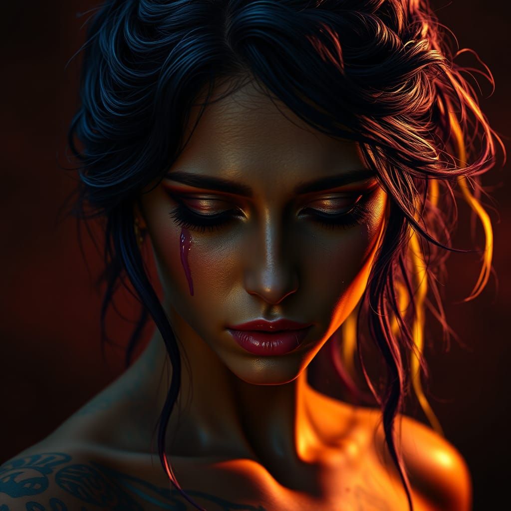 Tattooed Woman Crying: Dark Fantasy Portrait