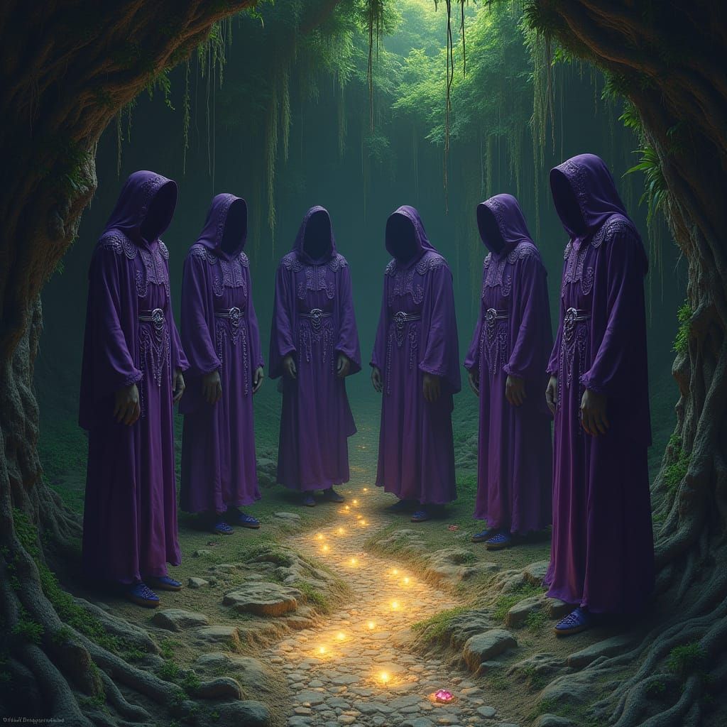 Mysterious Figures in Violet Robes Amidst Emerald Foliage