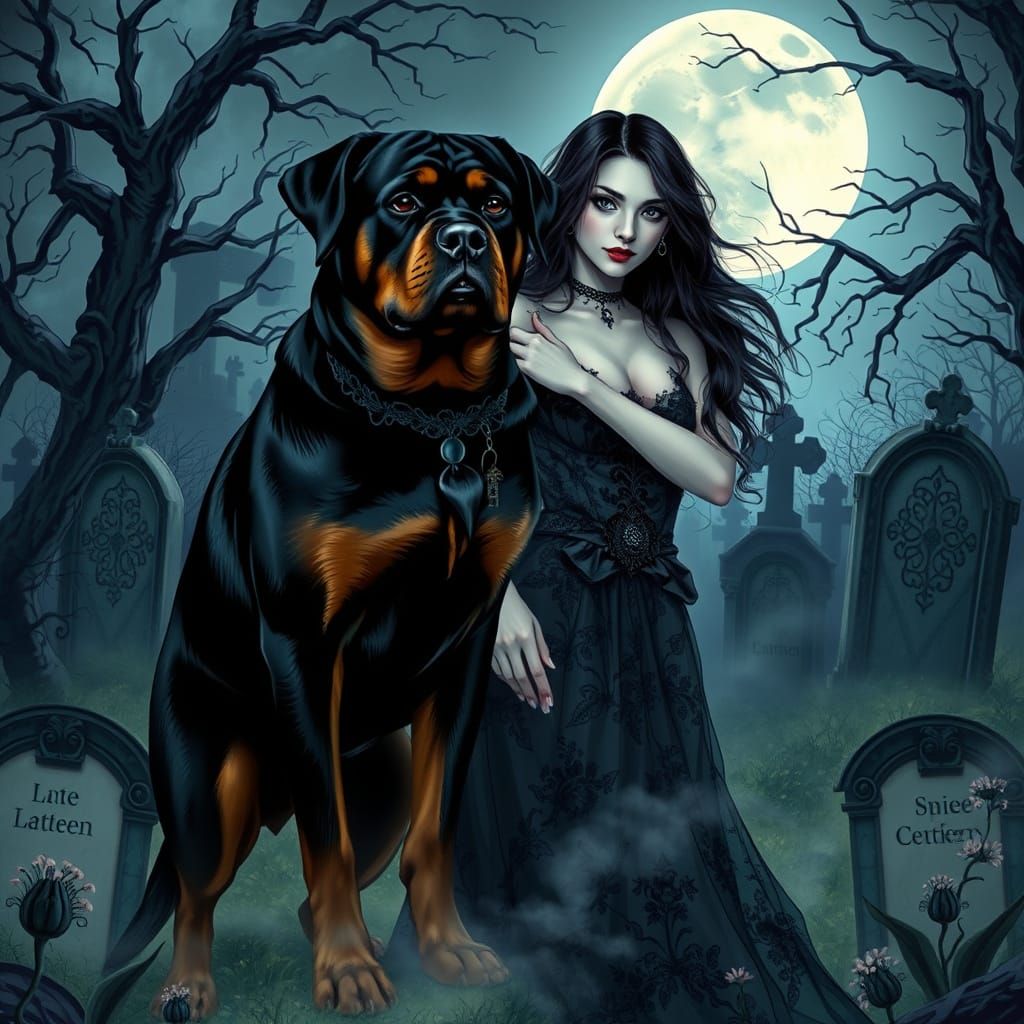 Rottweiler Beside Gothic Beauty in Moonlit Cemetery