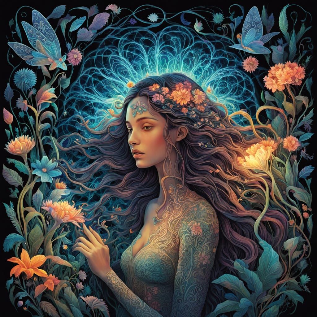 Bioluminescent Garden with Mirror Roots and Glowing Woman