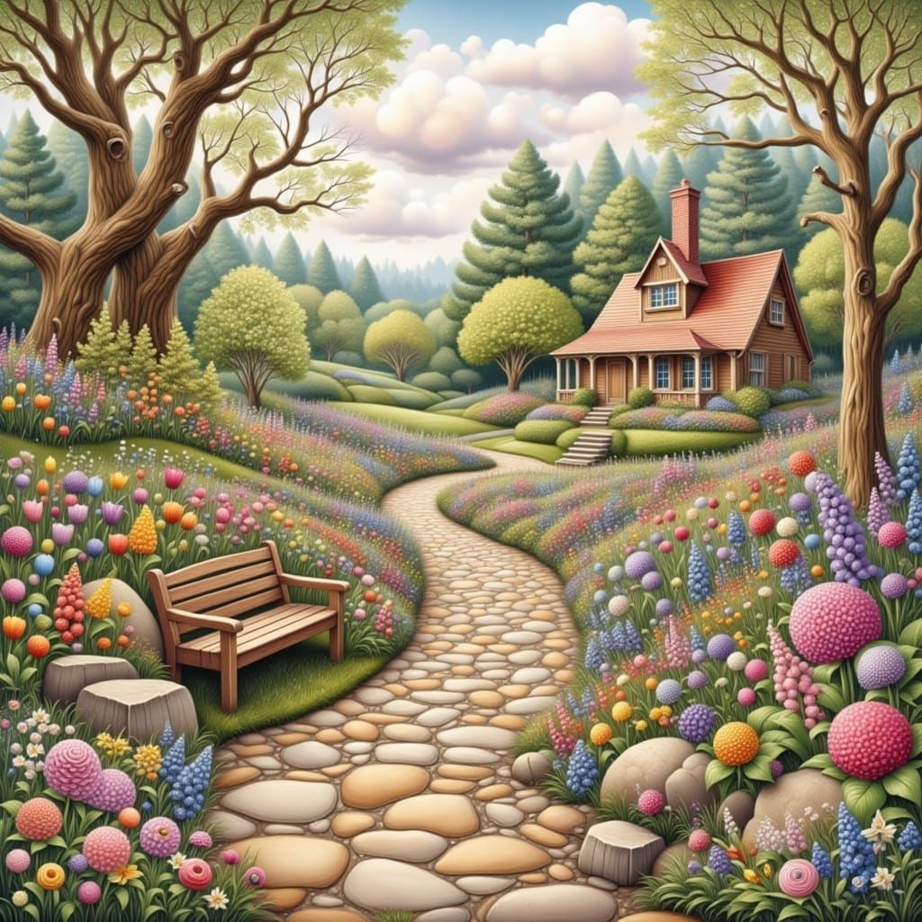 Springtime English Garden Scene in Impressionist Style