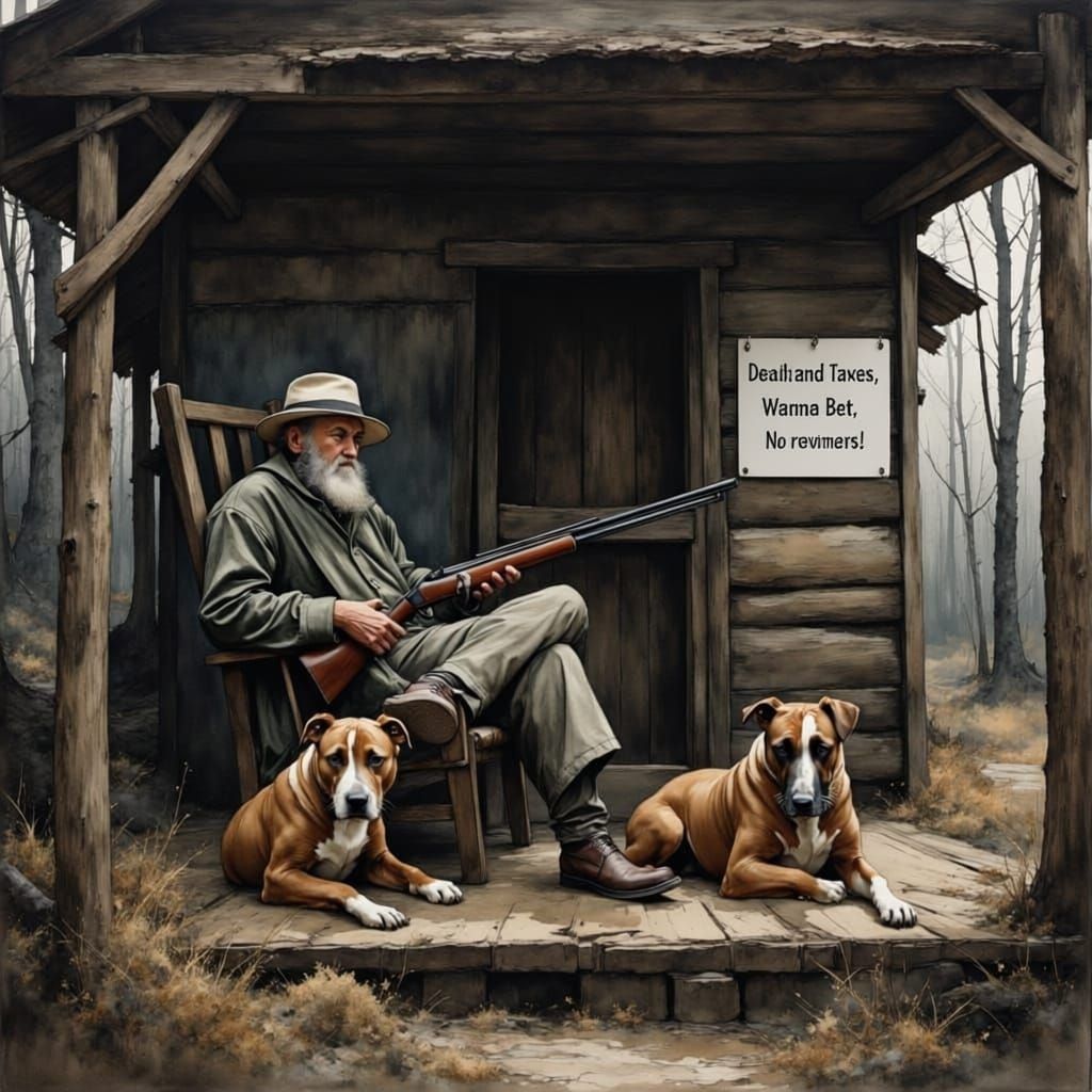 Old Man with Dogs and Shotgun Outside Rickety Shack