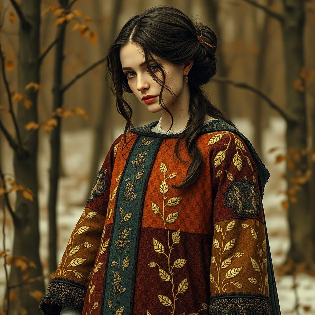 Medieval Princess in Autumn Wool Dress with Embroidery