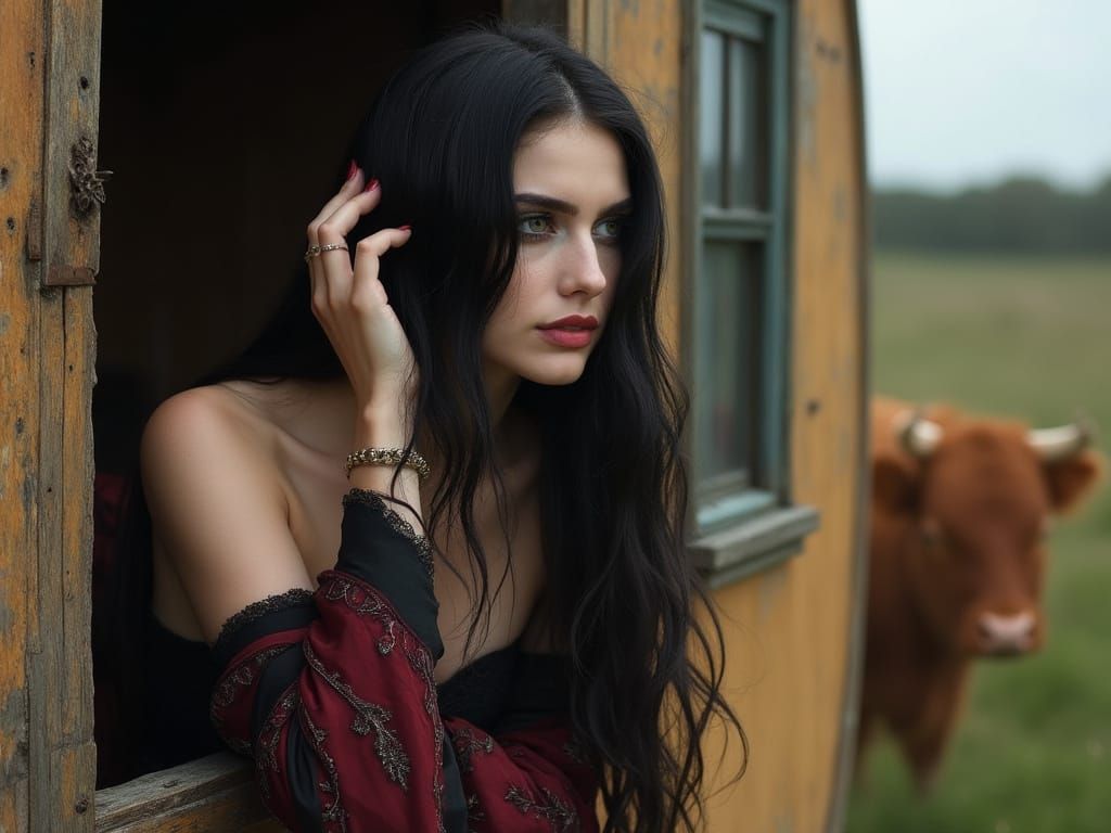 Elegant Gypsy Woman Leans Out of a Caravan Door