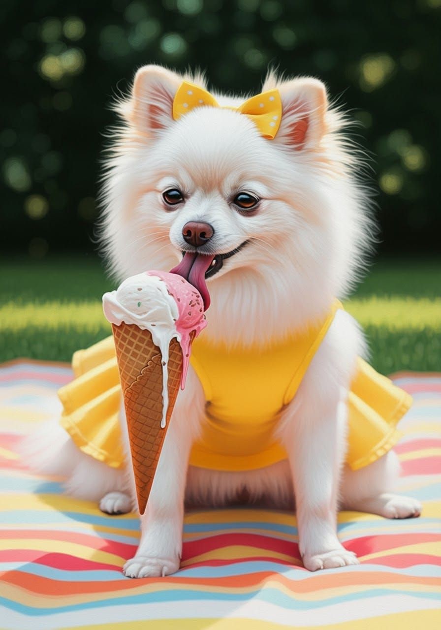Pomeranian Licking Ice Cream in Ash Thorp Style