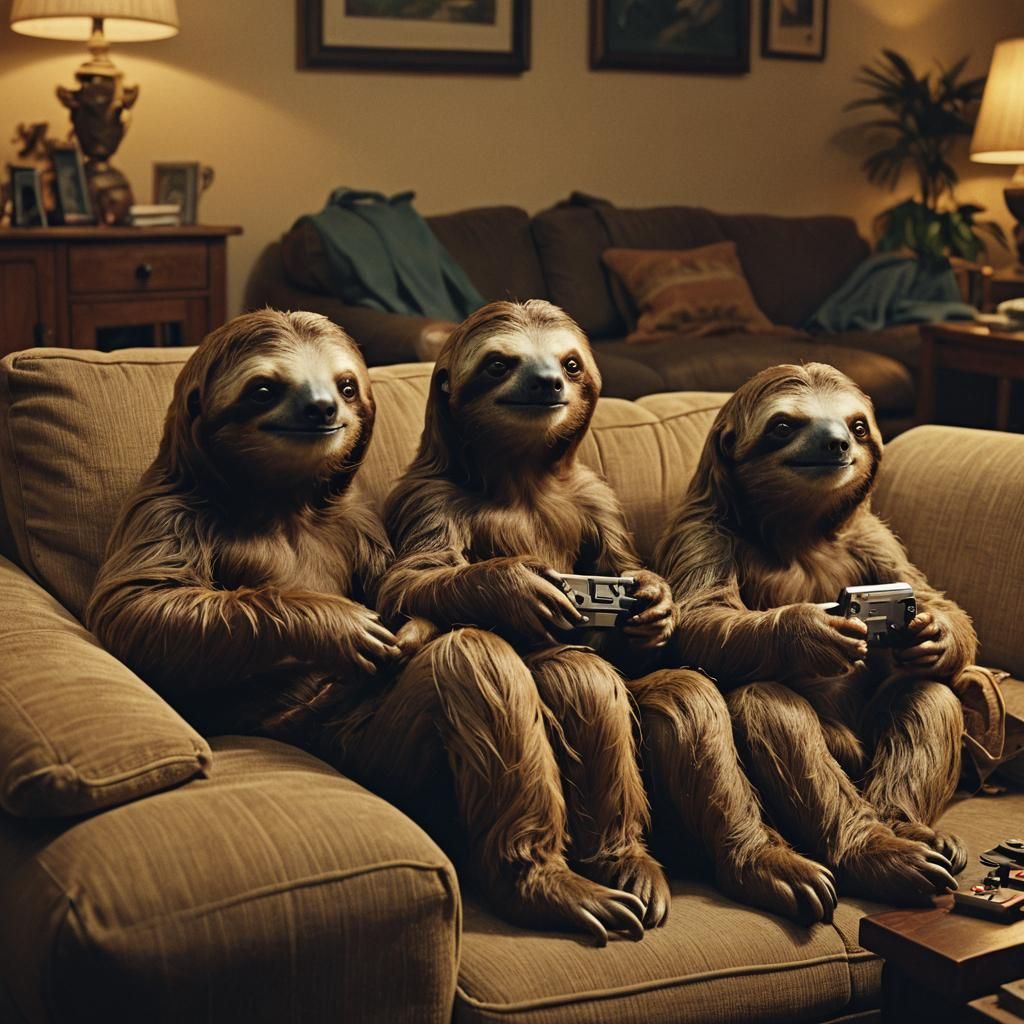Sloths Gaming on Couch in Cozy Living Room