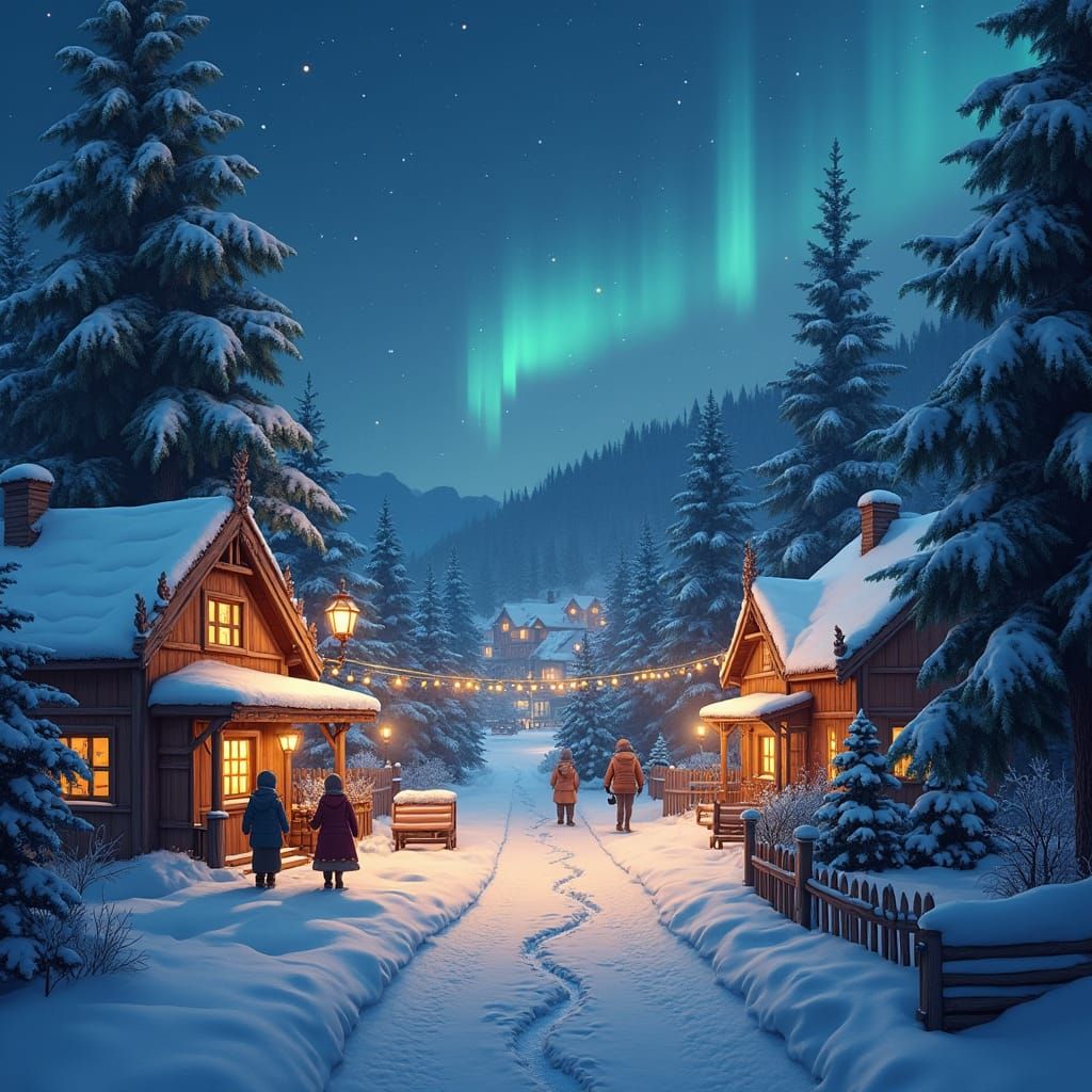 Magical Winter Village Night Scene as Matte Painting