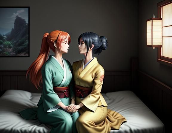 Two Kitsune Kissing in Cozy Manga Bedroom