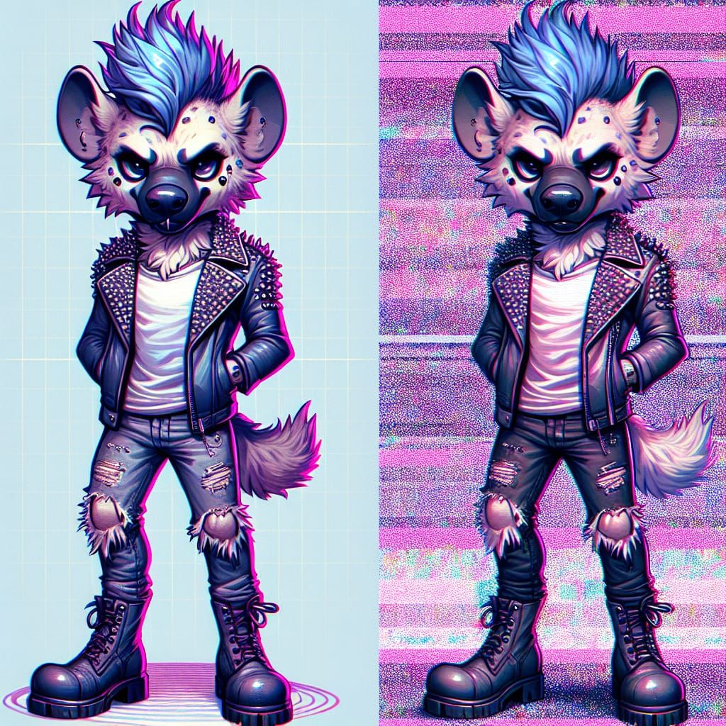 Punk Rock Hyena in Glitchy Hologram Effect