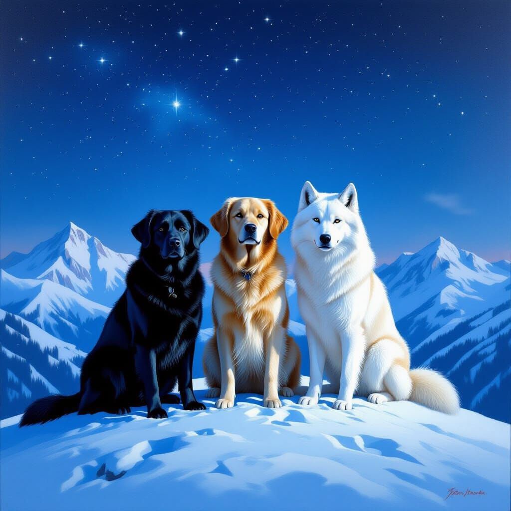 Dogs and Wolf on Snowy Peak Under Starry Sky