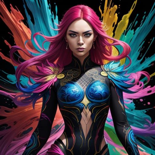 Young Woman in Dynamic Pose with Vibrant Abstract Background