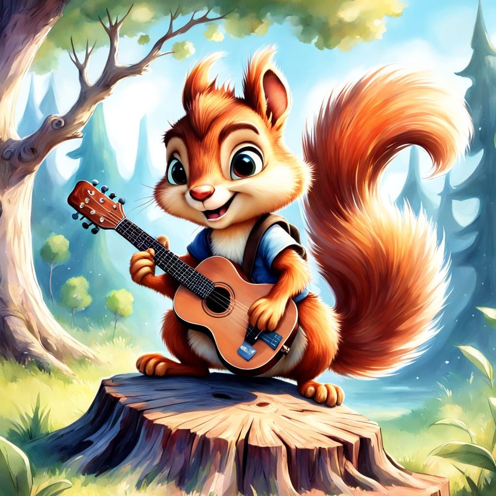 Cartoon Squirrel Guitarist in Disney Pixar Style