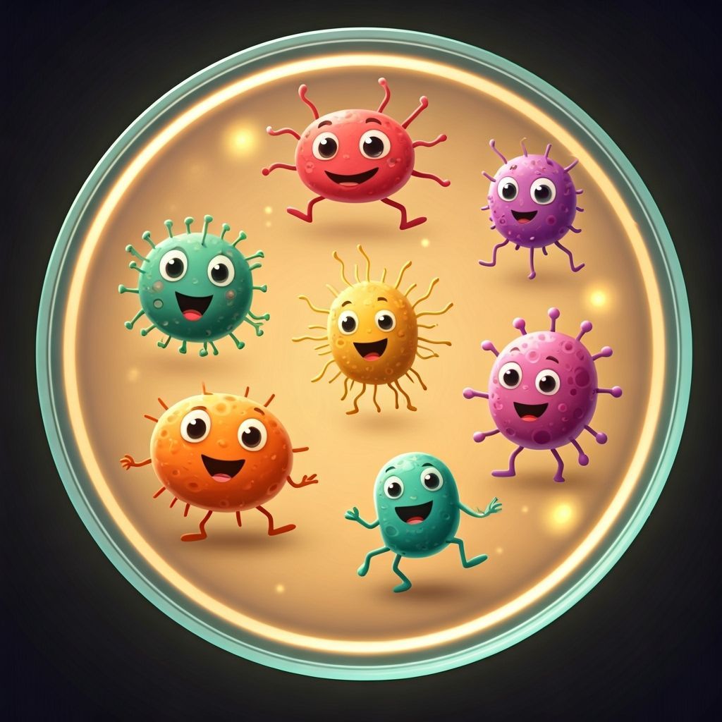 Cheerful Cartoon Microbes Dance in Glowing Petri Dish Storyb...