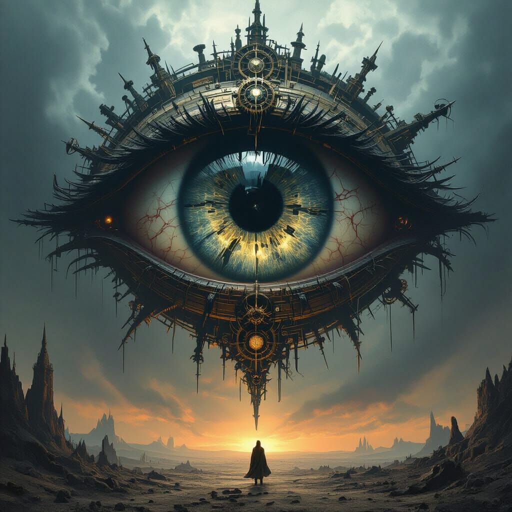 Colossal Clockwork Eye Over Desolate Landscape