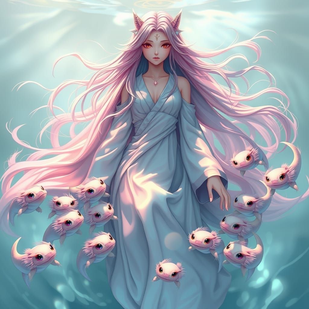 Serene Goddess of Axolotls in Vibrant, Dreamlike 3D Anime Ar...