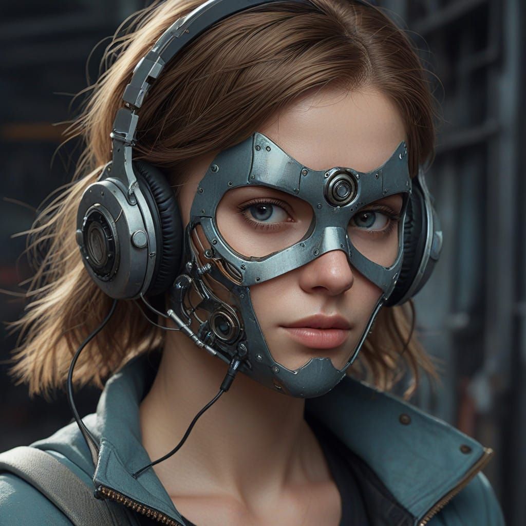 Futuristic Girl with Cybernetic Mask Reveals Intense Gaze