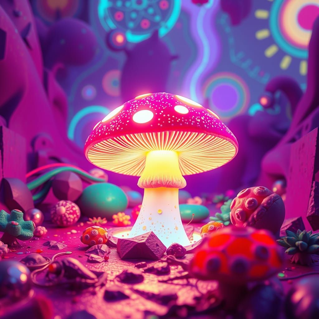 Glowing Neon Mushroom in Vibrant Psychedelic Patterns