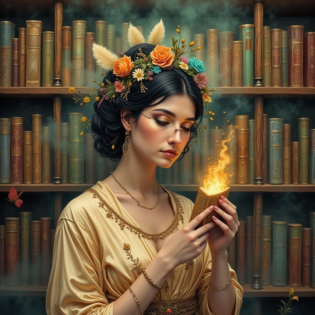 Wisp Archivist Curating Magical Words in Library