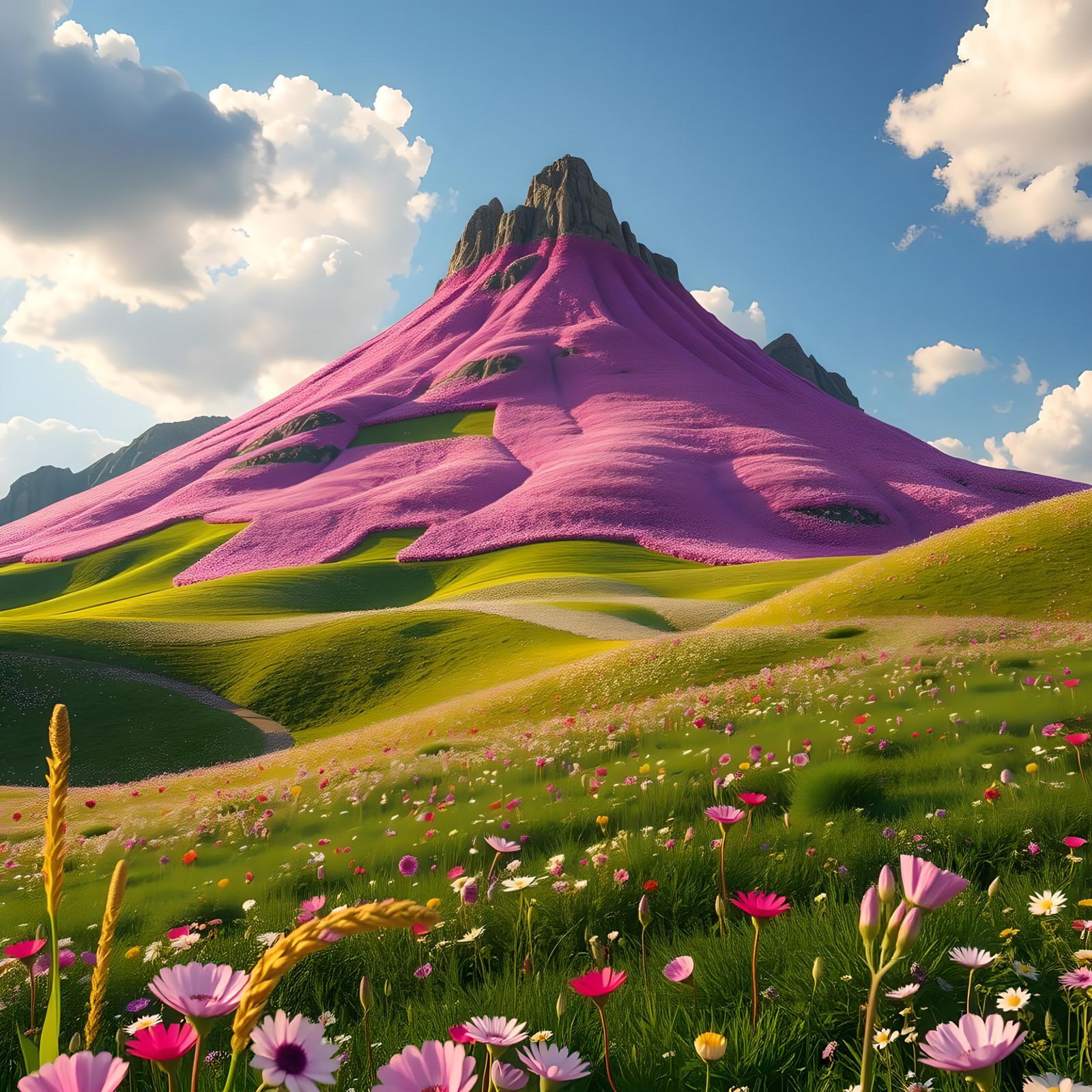 Hyperrealistic Flower Meadow and Mountain Masterpiece