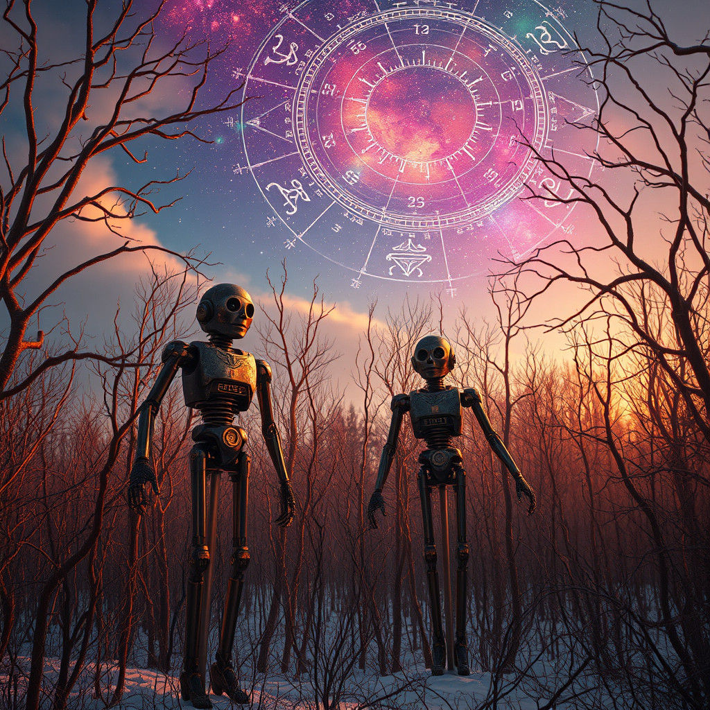 Retro-Futuristic Android Scarecrows in Winter Forest