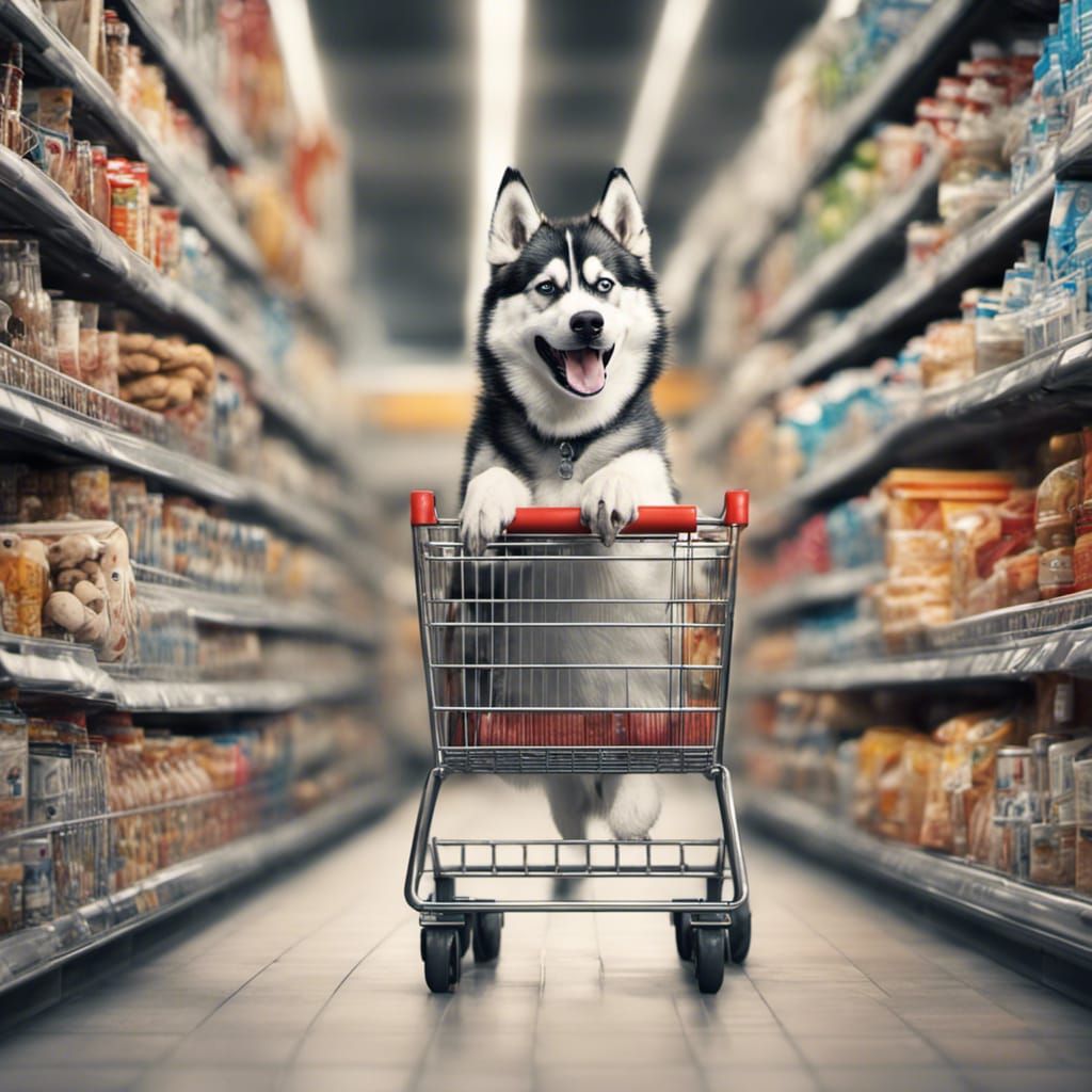 Husky Shopping for Dog Treats in Supermarket
