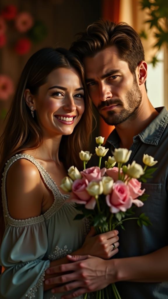 Disappointed Man Offers Flowers: Hyperrealistic Portrait