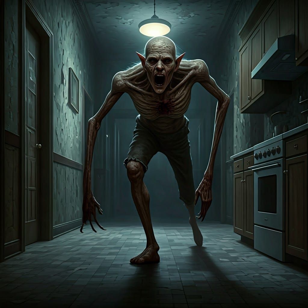 Nightmarish Humanoid Figure in Eerie Hallway