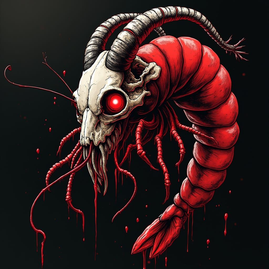 Sinister Shrimp with Goat Skull Head Tattoo Art